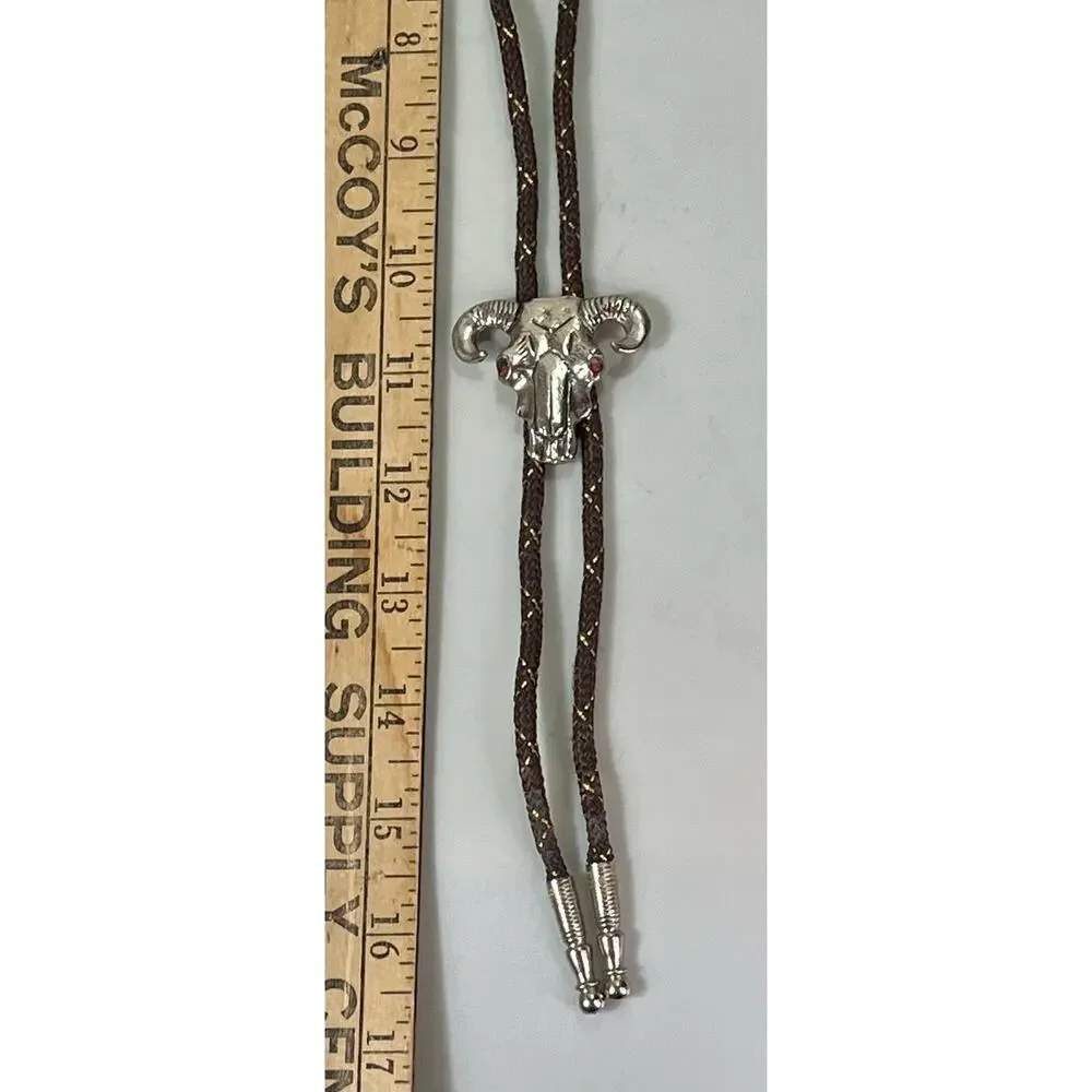 Western Ram Skull Bolo Tie Silver Tone Red Eyes Brown Braided Cord 33”
